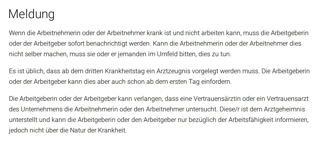 Abschnitt Meldung der Berner Gerichte: Arbeitgeber sofort benachrichtigen, Arztzeugnis üblich ab dem dritten Krankheitstag, aber ab dem ersten Tag einforderbar, Vertrauensarzt informiert nur über die Arbeitsfähigkeit