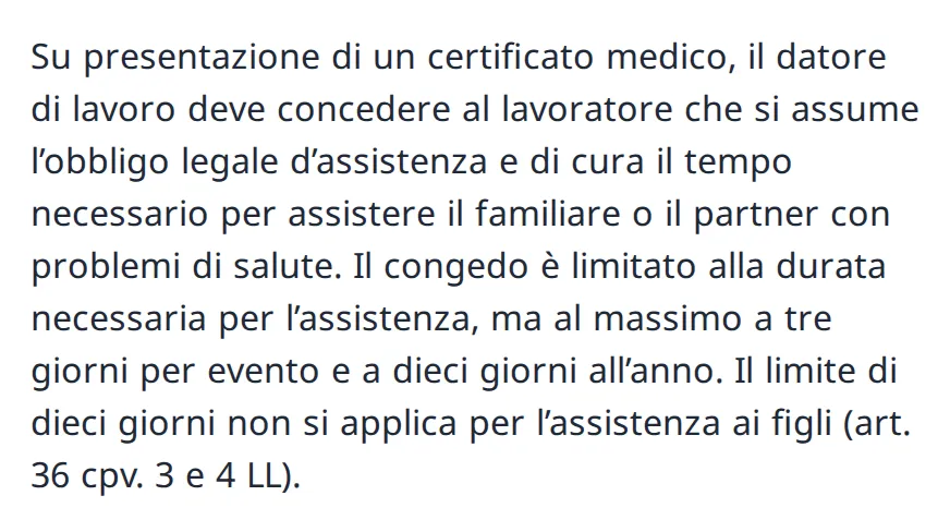 Paragrafo delle risposte della SECO: con un certificato medico il datore di lavoro deve concedere il tempo necessario, al massimo tre giorni per evento e dieci all’anno; il limite di dieci giorni non vale per i figli