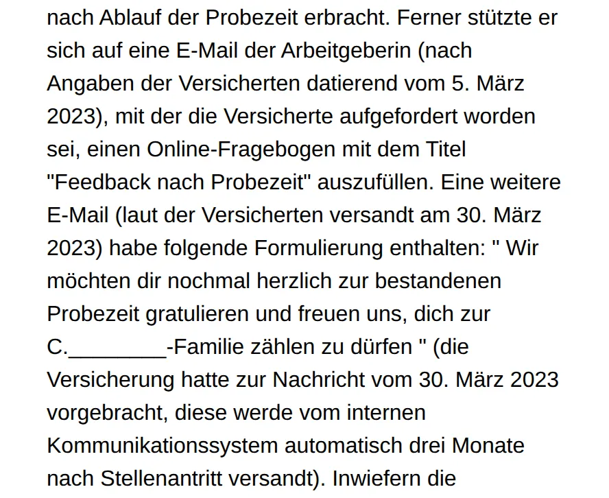 Ausschnitt aus dem Urteil 4A_254/2025: Eine E-Mail vom 5. März 2023 lud zum Fragebogen «Feedback nach Probezeit» ein, eine zweite vom 30. März gratulierte zur bestandenen Probezeit, laut Versicherung automatisch verschickt