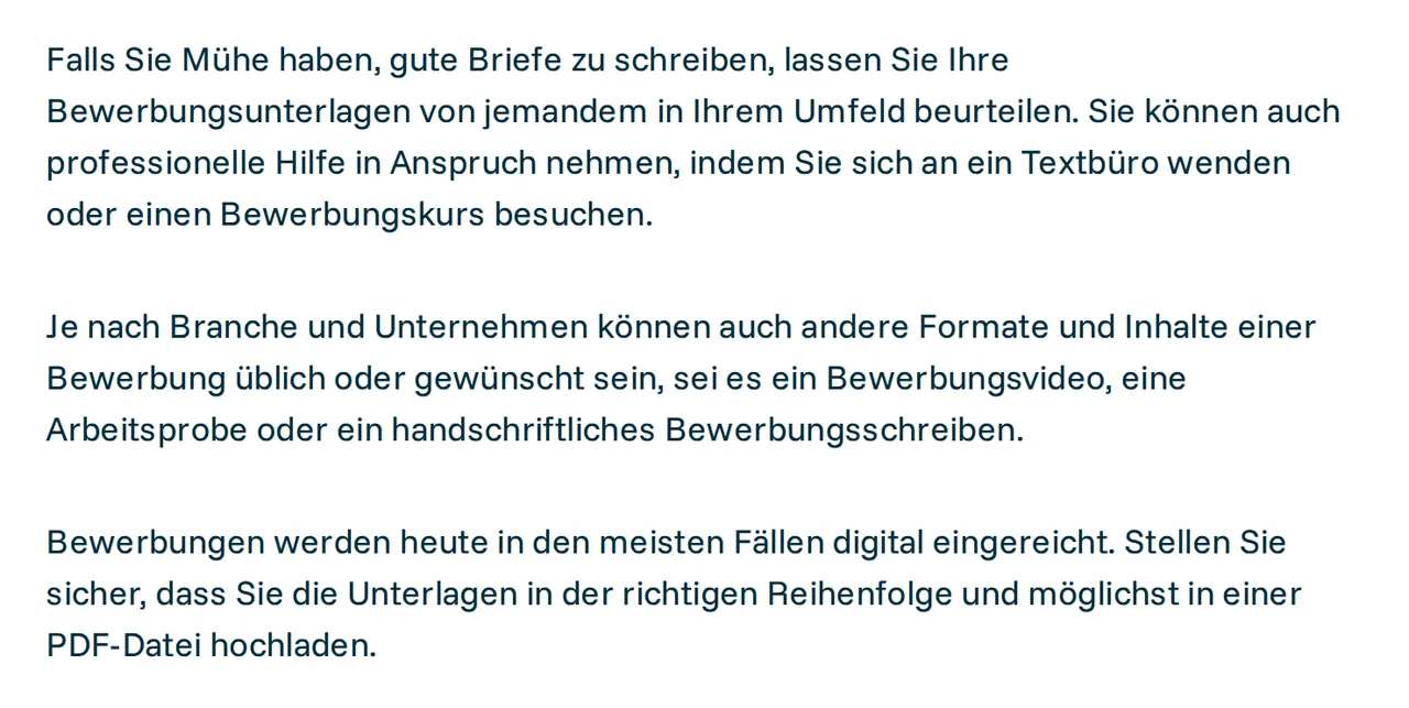 Ausschnitt von berufsberatung.ch: Bewerbungen werden heute meist digital eingereicht, die Unterlagen sollen in der richtigen Reihenfolge und möglichst in einer PDF-Datei hochgeladen werden; darüber der Rat, das Dossier gegenlesen zu lassen