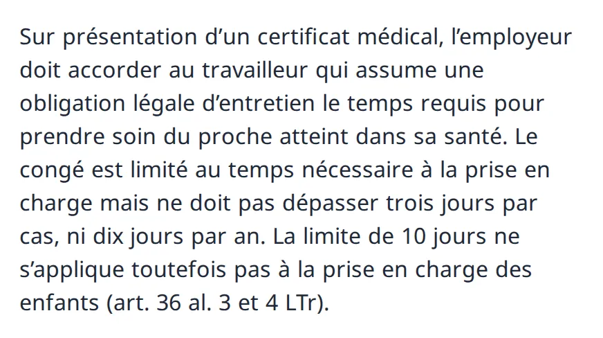 Paragraphe des réponses du SECO : sur présentation d’un certificat médical, l’employeur doit accorder le temps nécessaire, au plus trois jours par cas et dix jours par an ; la limite de dix jours ne s’applique pas aux enfants