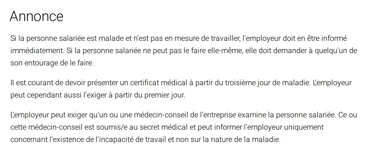 Section Annonce de la page des tribunaux bernois : prévenir l’employeur immédiatement, certificat médical usuel dès le troisième jour de maladie mais exigible dès le premier, le médecin-conseil n’informe que sur l’incapacité de travail
